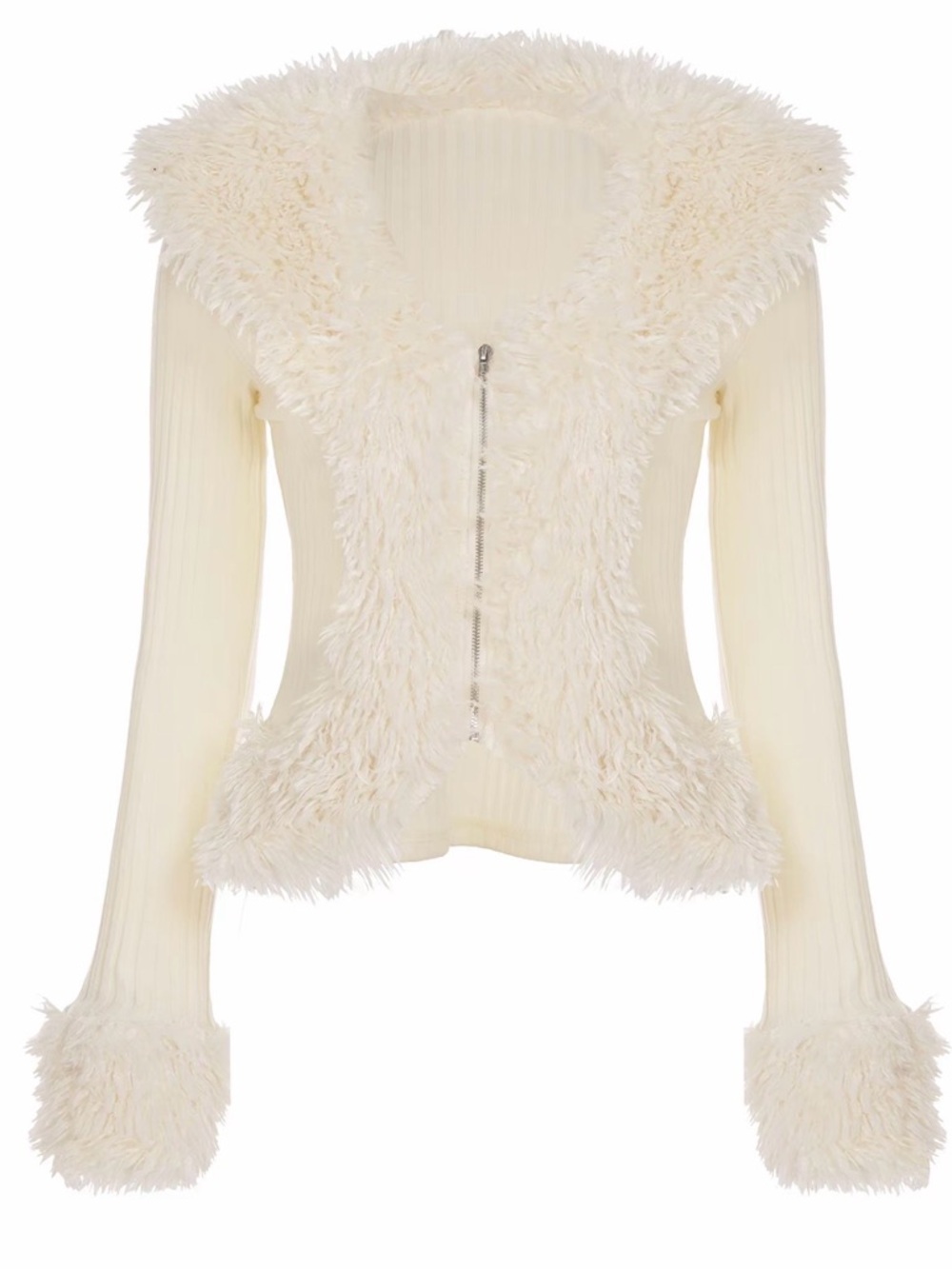 Furry Trim Ivory Zip-Up Jacket NWOT